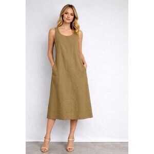 DKNY 100% Linen Midi Tunic Dress Size 4 Khaki Sleeveless Pockets